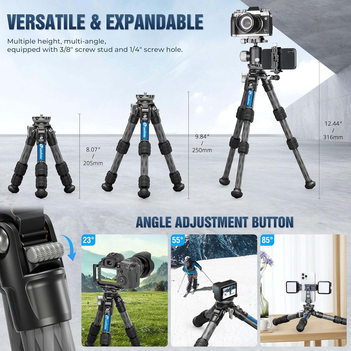 Carbon Fiber Mini Tabletop Tripod with Leveling Base for Camera, 360° Rotating Portable Tripod with 3/8" Screw for DSLR/Phone Holder/Projector, A Bubble Level, Folded Length 8.54", Max Load 11LB