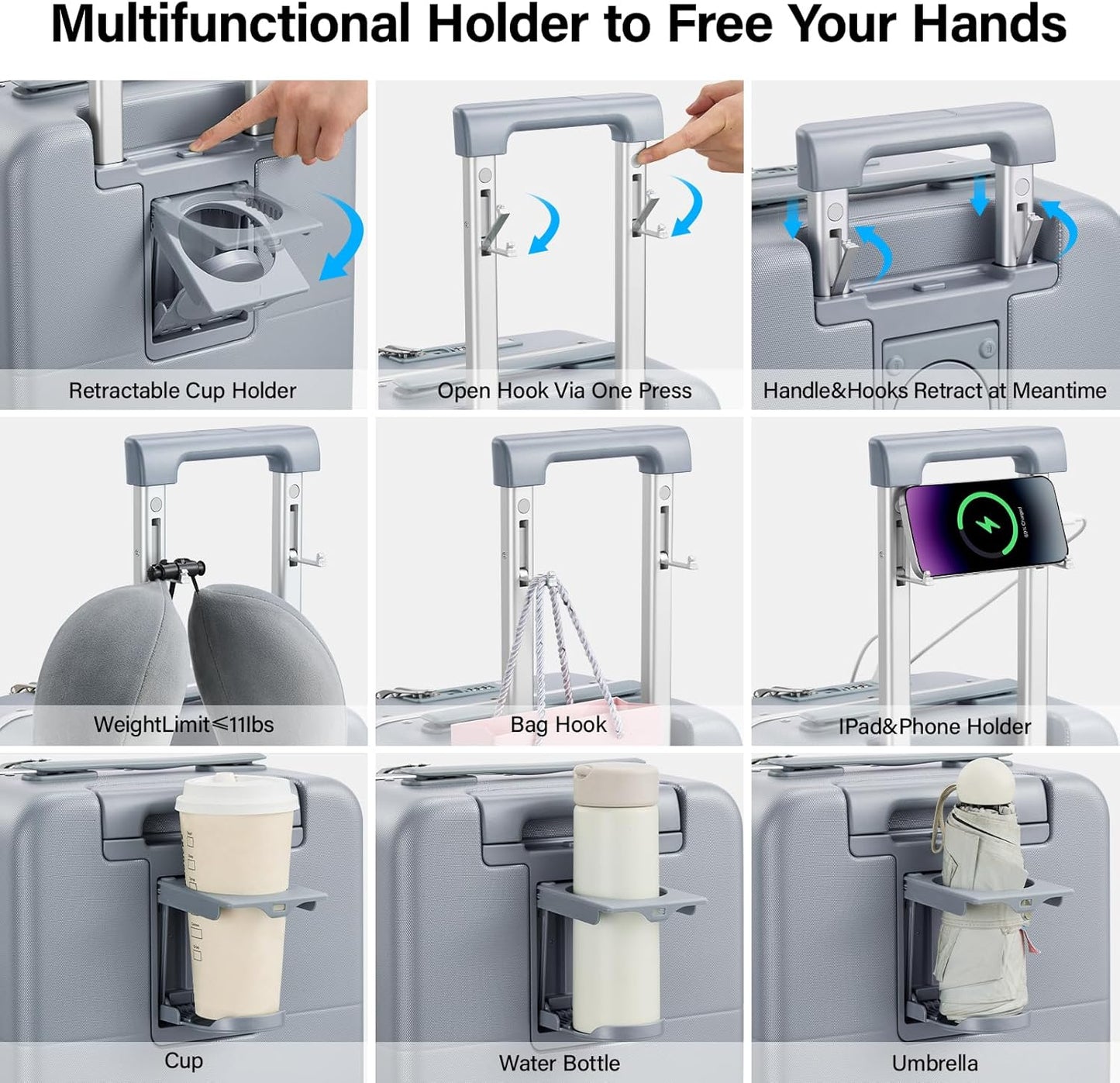 Hanke 28 Inch Luggage with Cup Holder and Charge,Top Opening Hard Shell Suitcases with Wheels and Dividers,Aluminum Frame Trunk Luggage Extra Large Suitcase with Lock for Travel,Gray