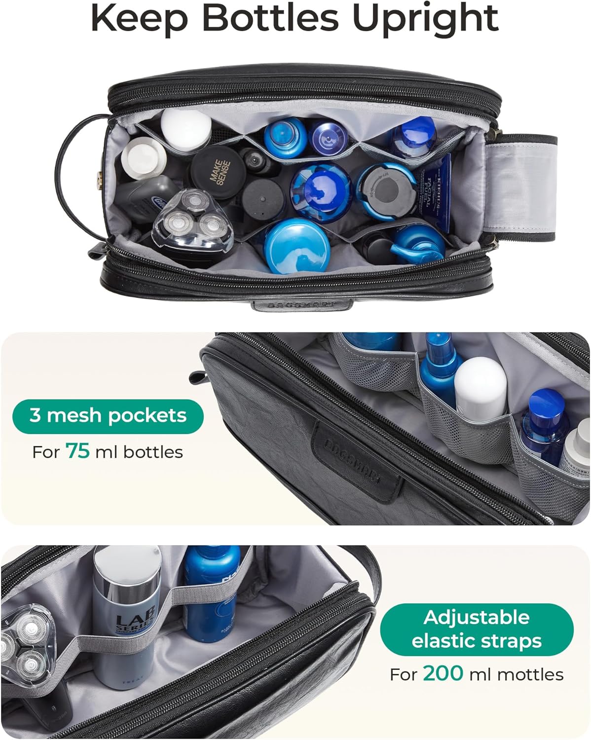 BAGSMART Toiletry Bag for Men, PU Leather Travel Bag for Toiletries, Dopp Kit Water Resistant Shaving Bag for Bathroom Shower-Black