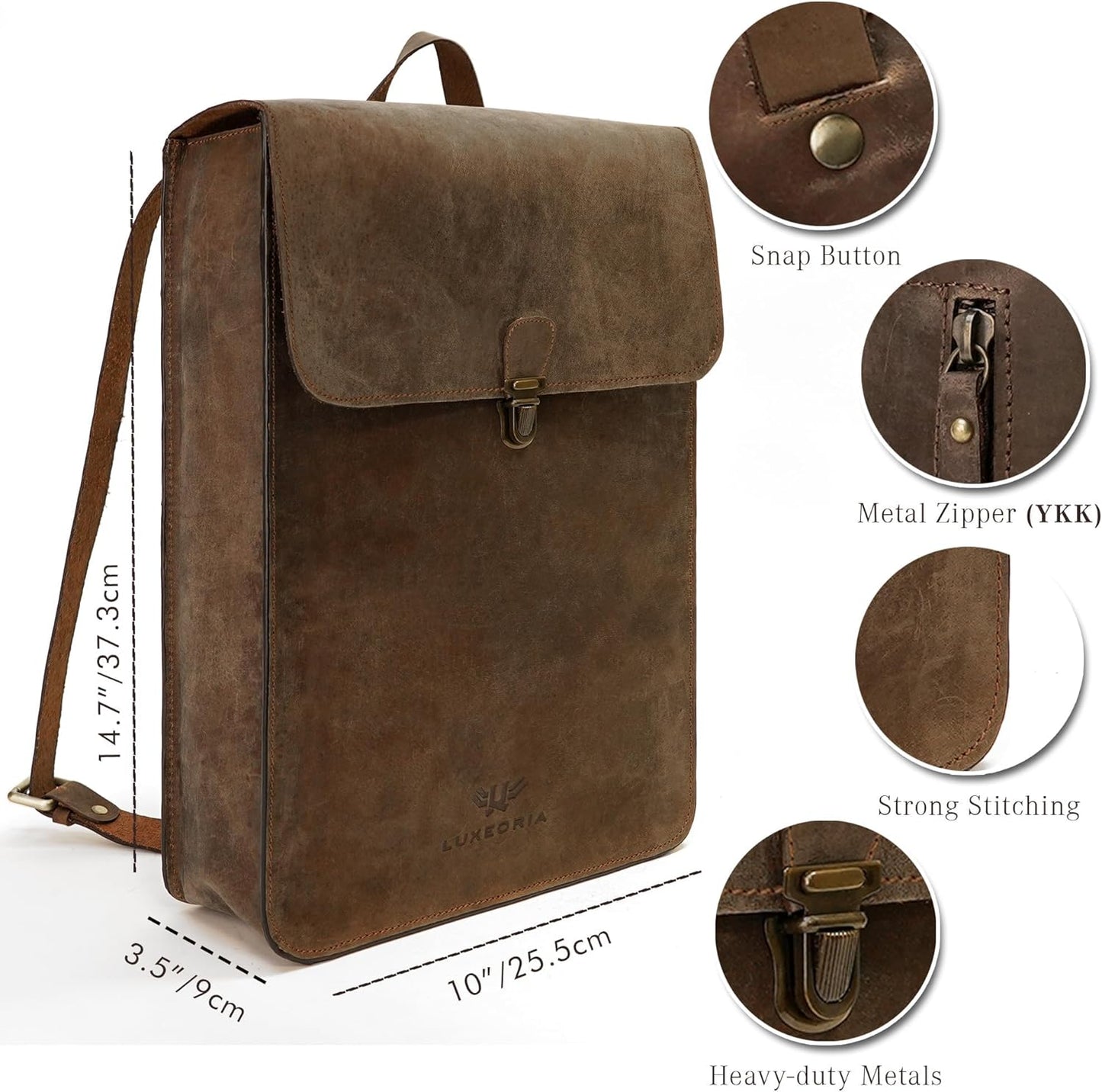 Genuine Leather Backpack for Men and Women, Minimalistic Leather Backpack, Handmade Retro Style 15.6" Laptop Bag, Hiking Shoulder Daypack - Hunter Brown