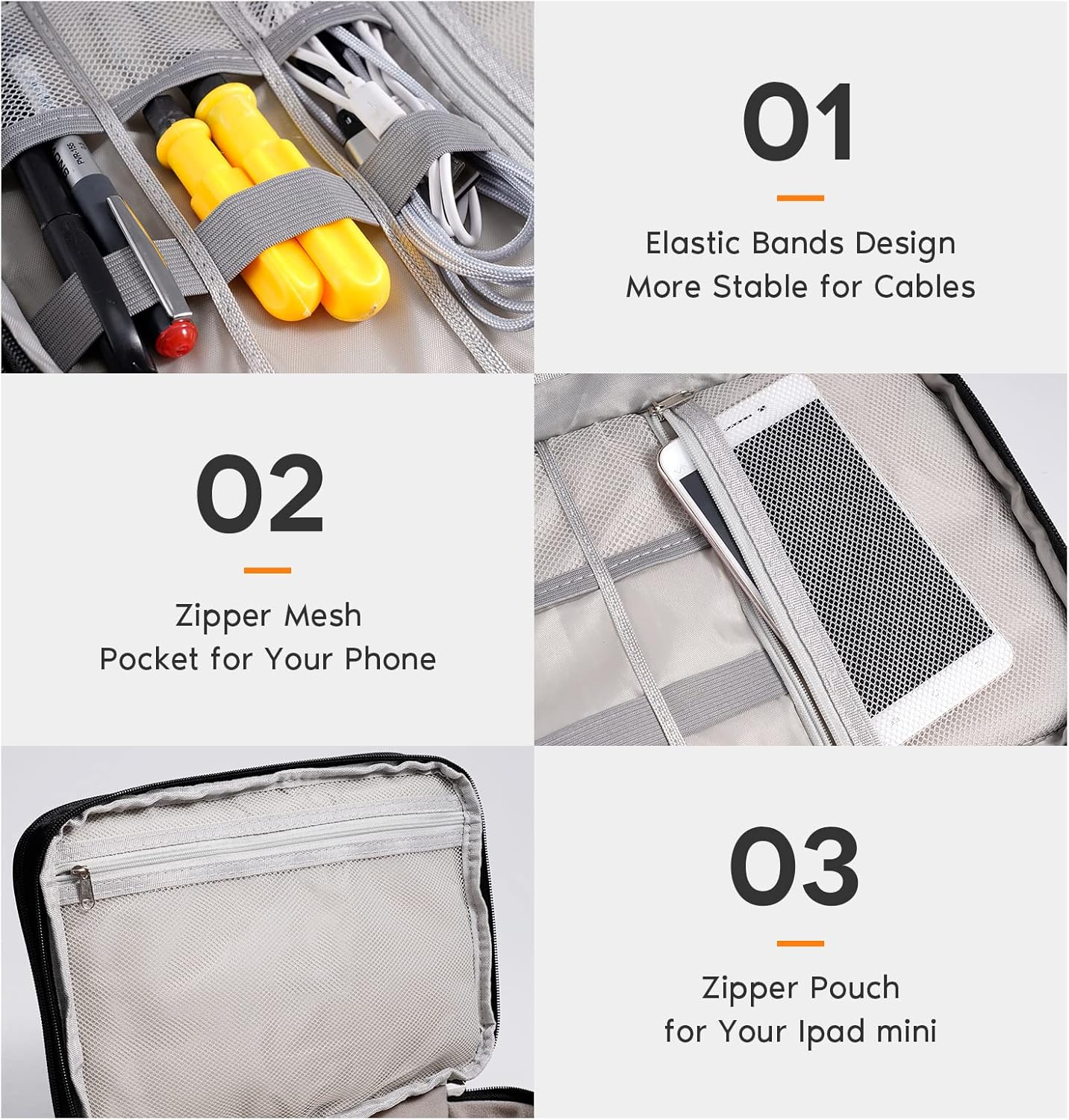 Electronics Organizer, OrgaWise Electronic Accessories Bag Travel Cable Organizer Three-Layer for iPad Mini, Kindle, Hard Drives, Cables, Chargers