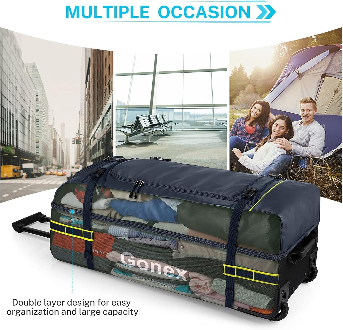 Gonex Rolling Duffle Bag with Wheels, 100L Water Repellent Large Wheeled Travel Duffel Luggage with Rollers 33 inch, Navy Blue