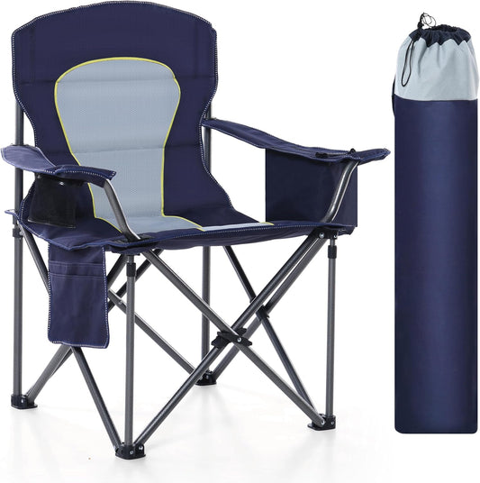 HIGH POINT SPORTS Oversized Camping Folding Chair, Heavy Duty Portable Outdoor Chair, Foldable Camp Chair with Cup Holder and Cooler Bag Support 450 LBS, Dark Blue…