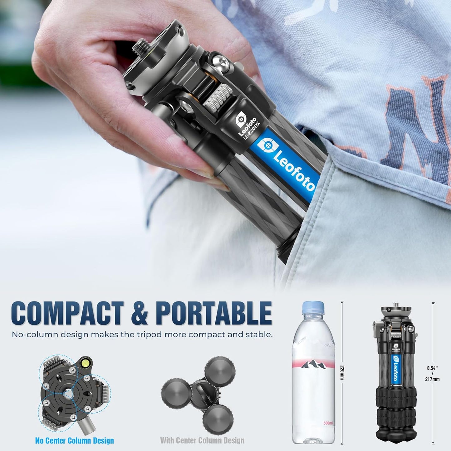 Carbon Fiber Mini Tabletop Tripod with Leveling Base for Camera, 360° Rotating Portable Tripod with 3/8" Screw for DSLR/Phone Holder/Projector, A Bubble Level, Folded Length 8.54", Max Load 11LB