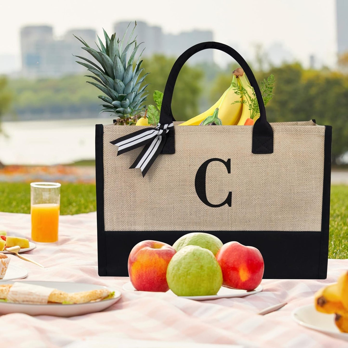 TOPDesign Initial Jute/Canvas Tote Bag, Personalized Present Bag, Suitable for Wedding, Birthday, Beach, Holiday, is a Great Gift for Women, Mom, Teachers, Friends, Bridesmaids (Letter C)