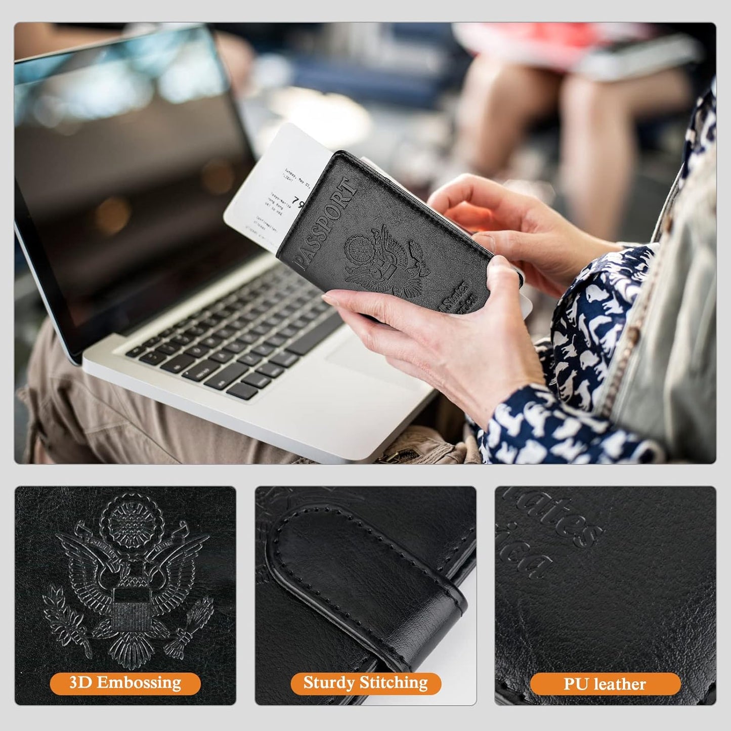 TIGARI Passport Holder for Travel Women Men, PU Leather Waterproof RFID Passport Holder Wallet Cover Case Sleeve, Family Vacation Plane Cruise Travel Document Organizer Essentials-Black