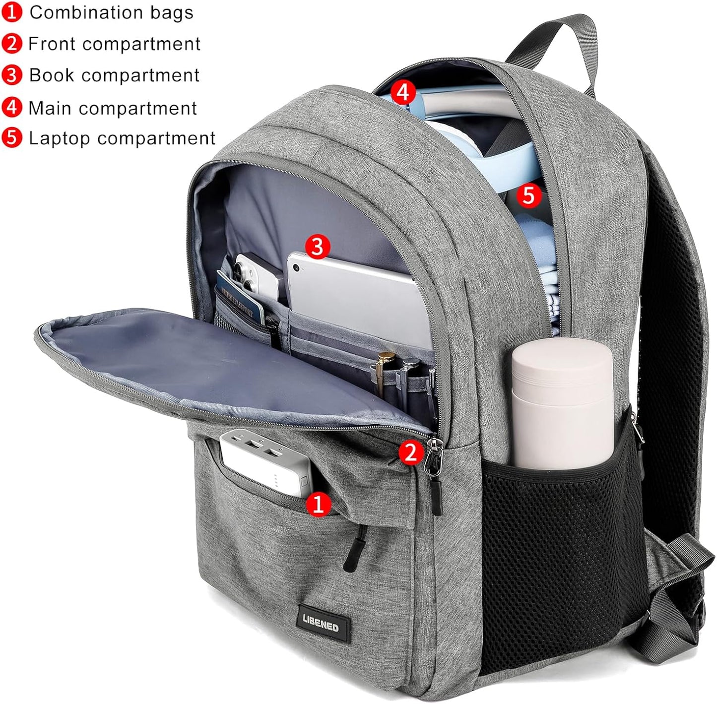 School Backpack for Teen Boys and Girls, with 17.3 inch Laptop Sleeve, Large Computer Bag Mochila with 2 Compartments, Ergonomic Straps, Grey