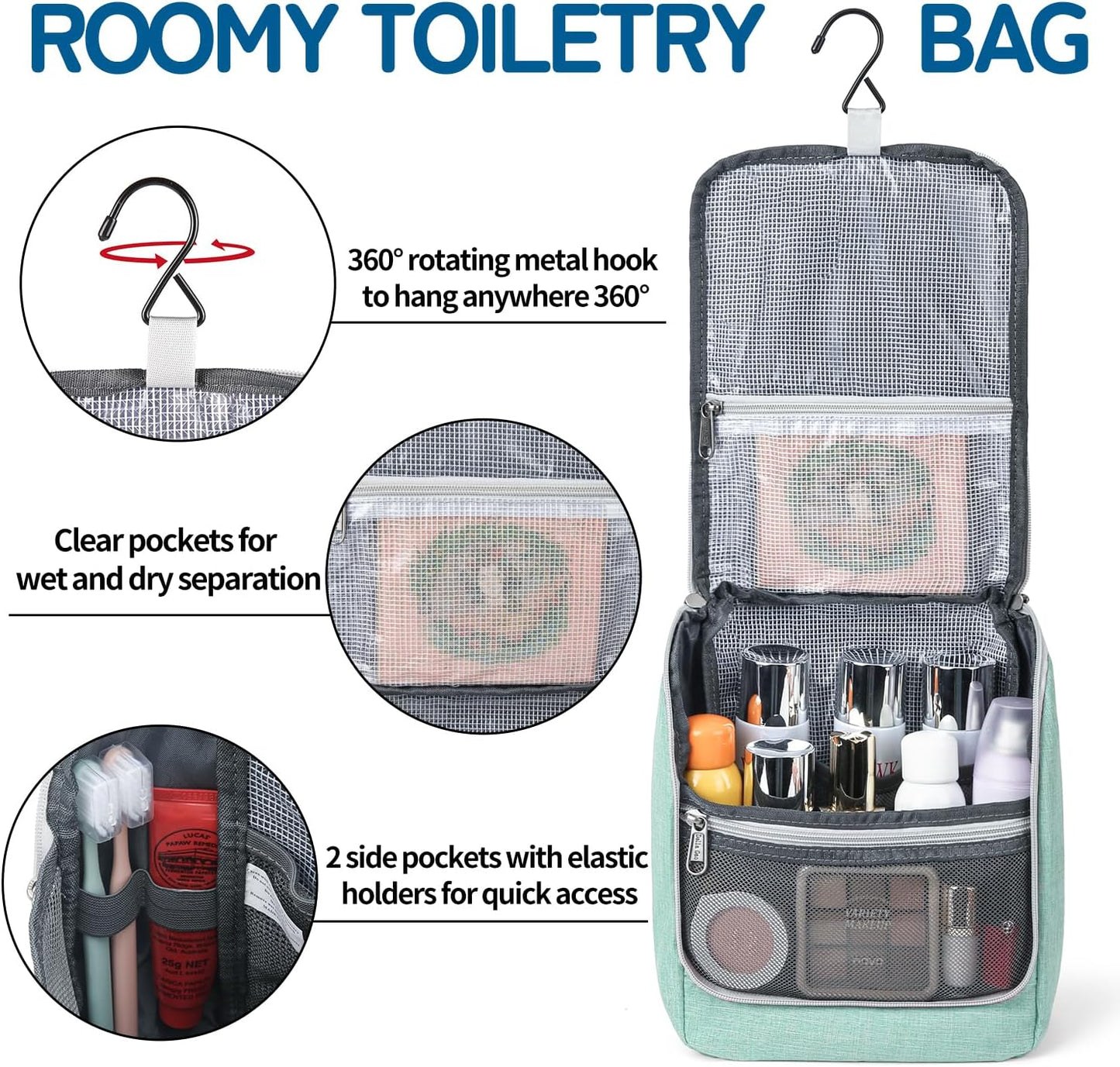 Della Gao Hanging Toiletry Bag for Men and Women, Portable Travel Makeup Bag Cosmetic Bag Toiletries Organizer, Bathroom Bag, Water Resistant Nylon - Green