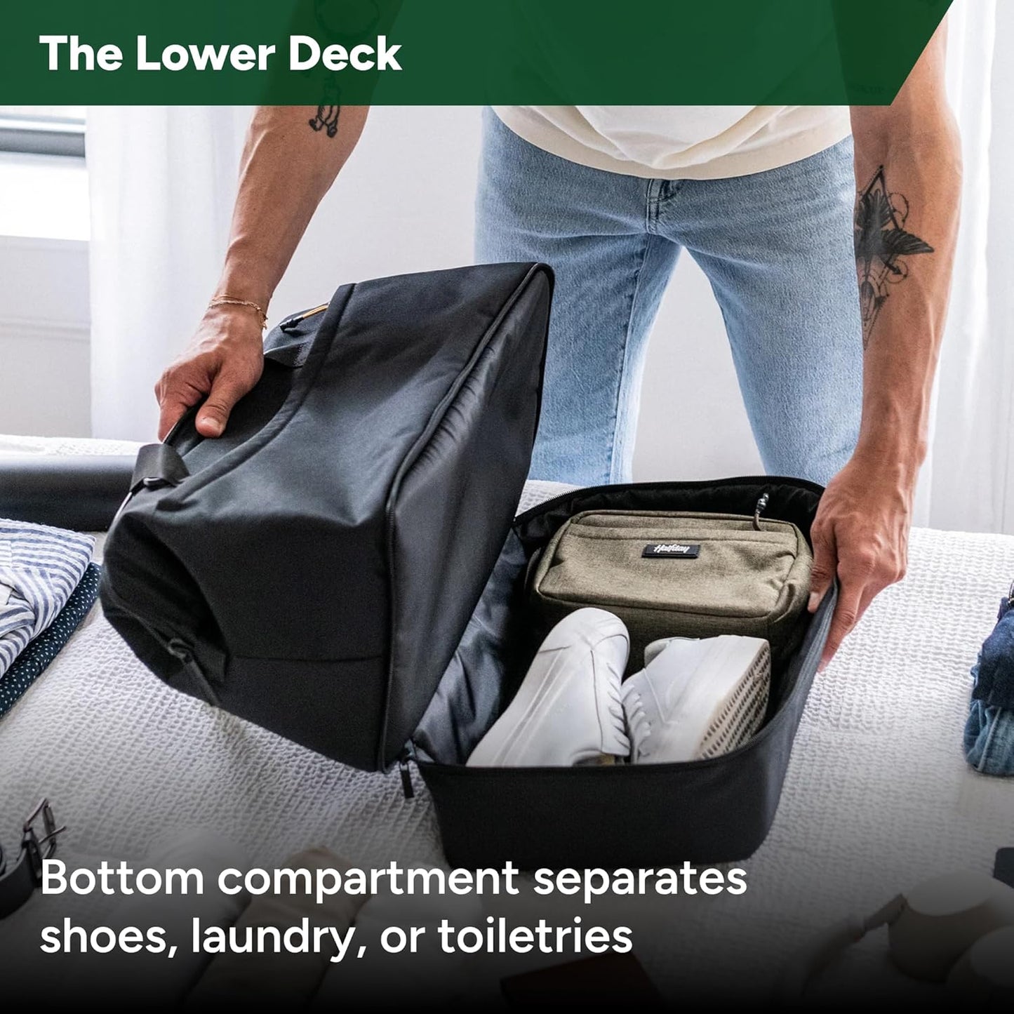 Halfday Double Decker Weekender Bag 40L | Designed for Easy Packing & Storage (Padded Strap, Zippered Bottom Compartment, Interior Mesh Pockets, Trolley Sleeve, Water-Resistant Fabric), Jet