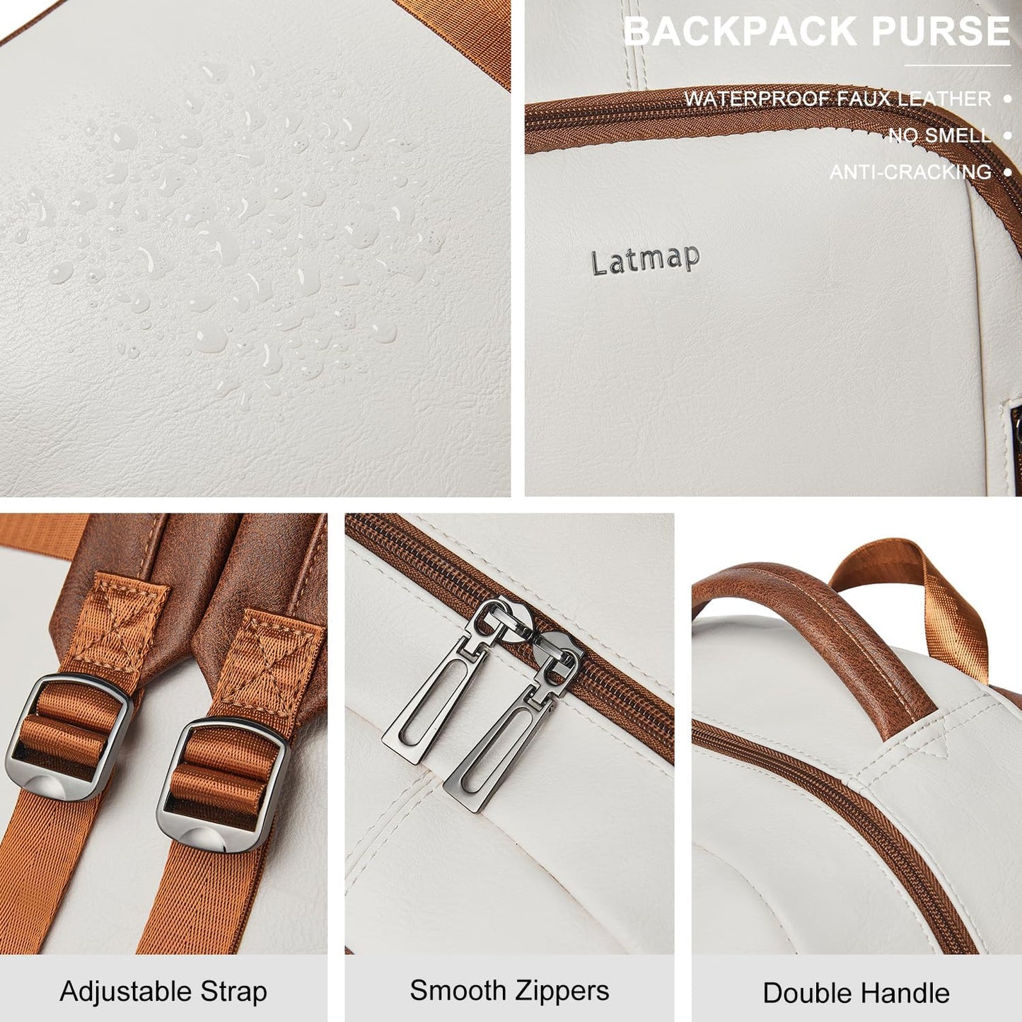 30L Business Laptop Backpack for Women Men, Travel Work Backpack Purse Faux Leather College Bookbag fits 15.6" Laptop - Beige