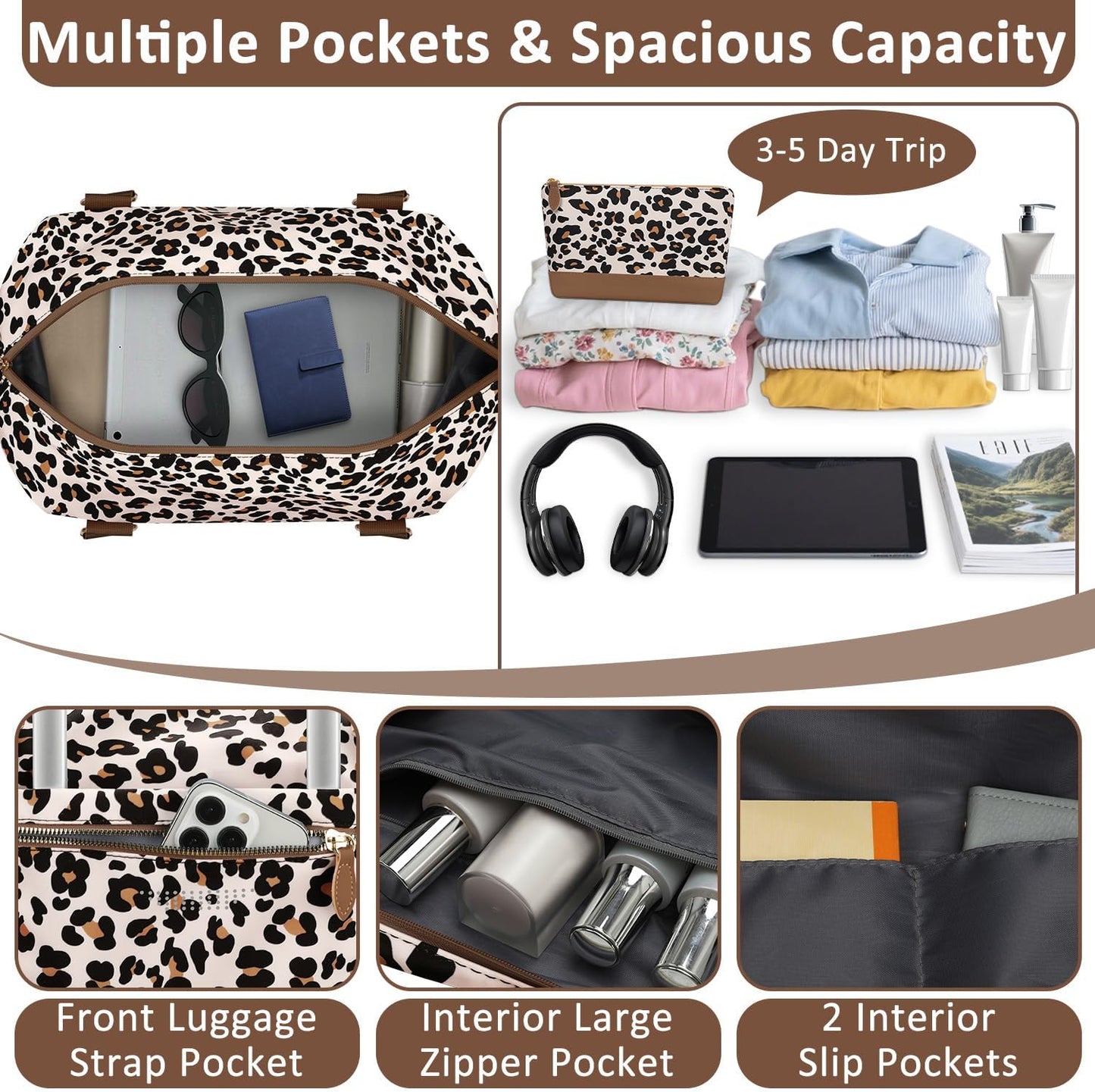 Travel Duffle Bag for Women, Weekender Bags, Hospital Bag for Labor Delivery, Lightweight Tote Duffel Overnight Bag with Luggage Sleeve, Airplane Travel Bags with Toiletry Bag,Large,Leopard