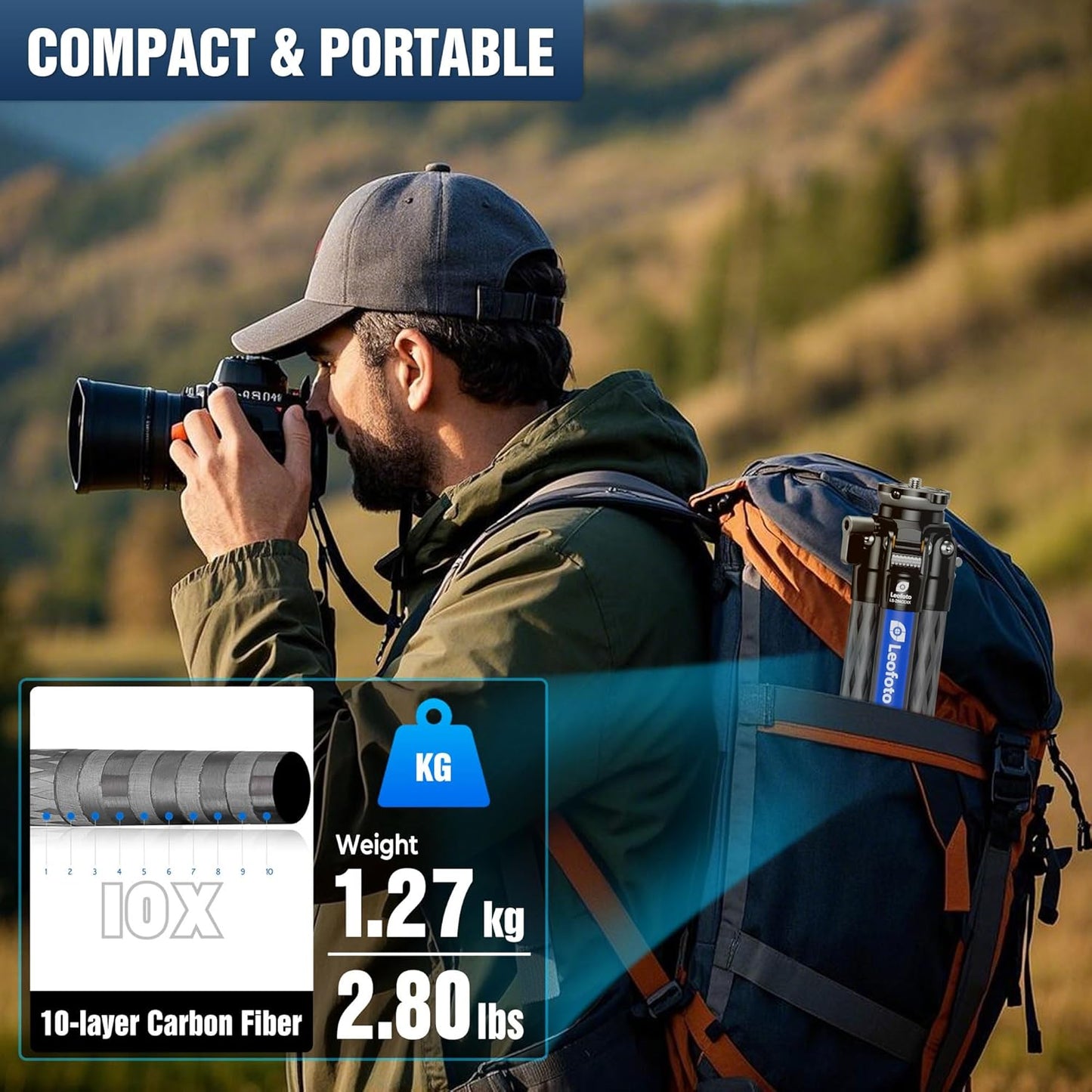 LEOFOTO LS-284CEXX Carbon Fiber Tripod with Leveling Base for Camera, 360° Portable Tripod with 3/8" Screw for Sport Camera/Phone Holder/Projector, A Bubble Level, Folded Length 21.06", Max Load 22LB