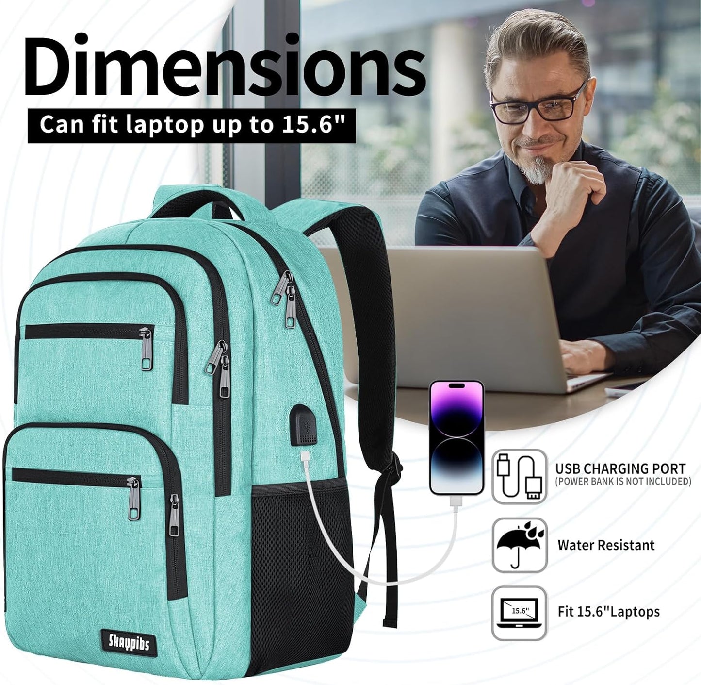 Backpck for Women Men, School backpacks for Girls Teen Boys, 15.6 inch Laptop Back Packs with USB Charger Port, Mochilas for Business, College, Cyan