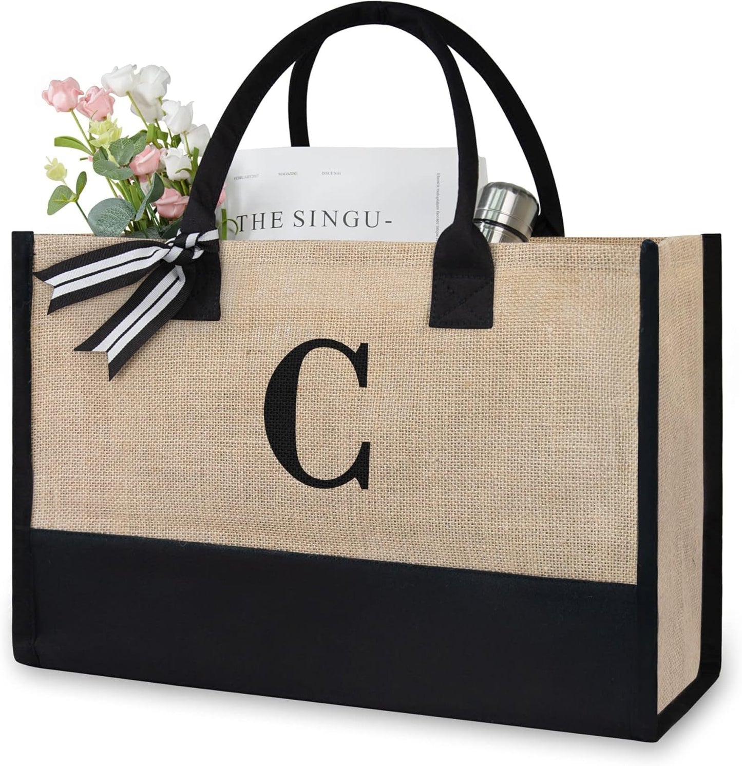 TOPDesign Initial Jute/Canvas Tote Bag, Personalized Present Bag, Suitable for Wedding, Birthday, Beach, Holiday, is a Great Gift for Women, Mom, Teachers, Friends, Bridesmaids (Letter C)