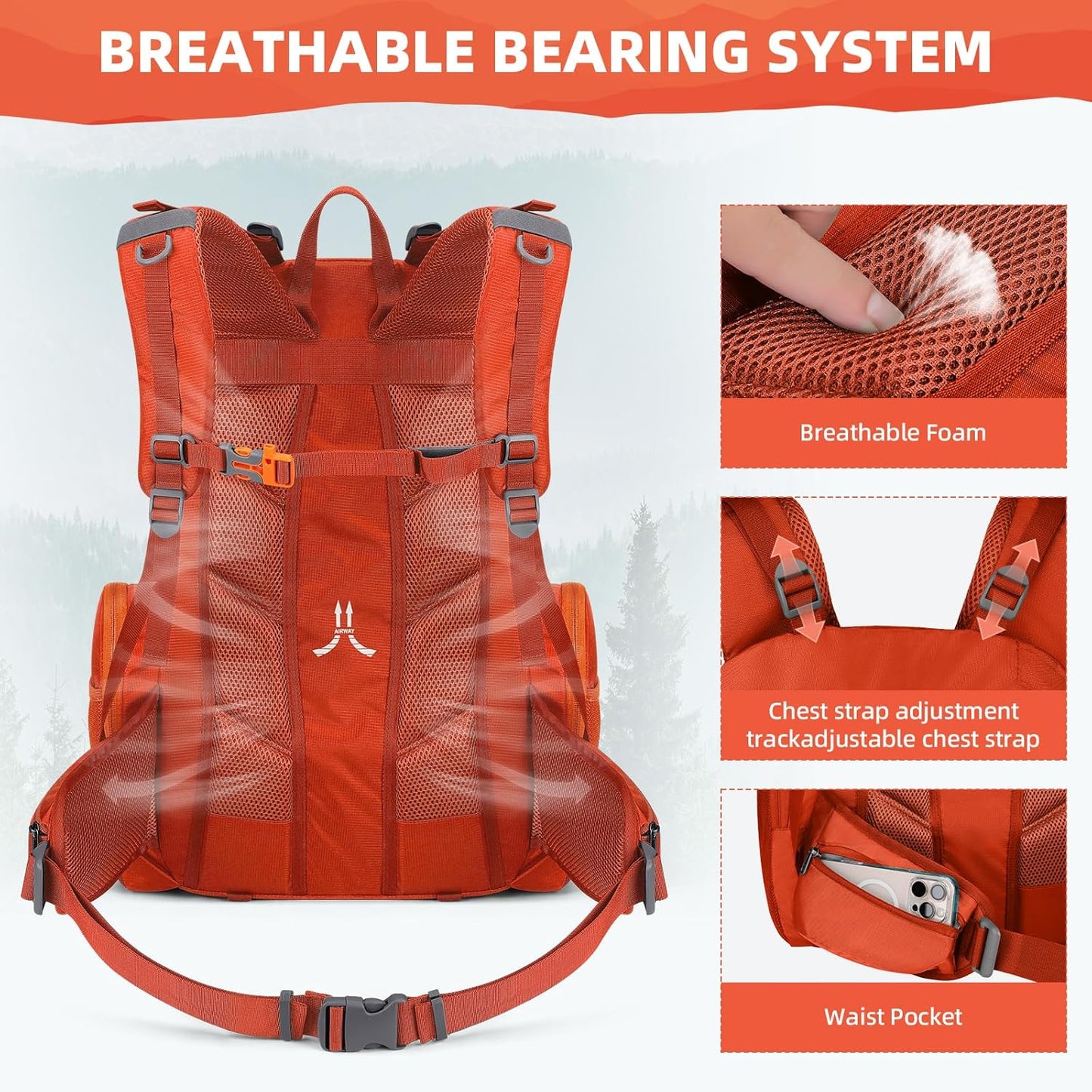 Maelstrom Hiking Backpack, 40L Waterproof Camping Daypack for Men and Women, Lightweight Travel Pack with Rain Cover-Orange