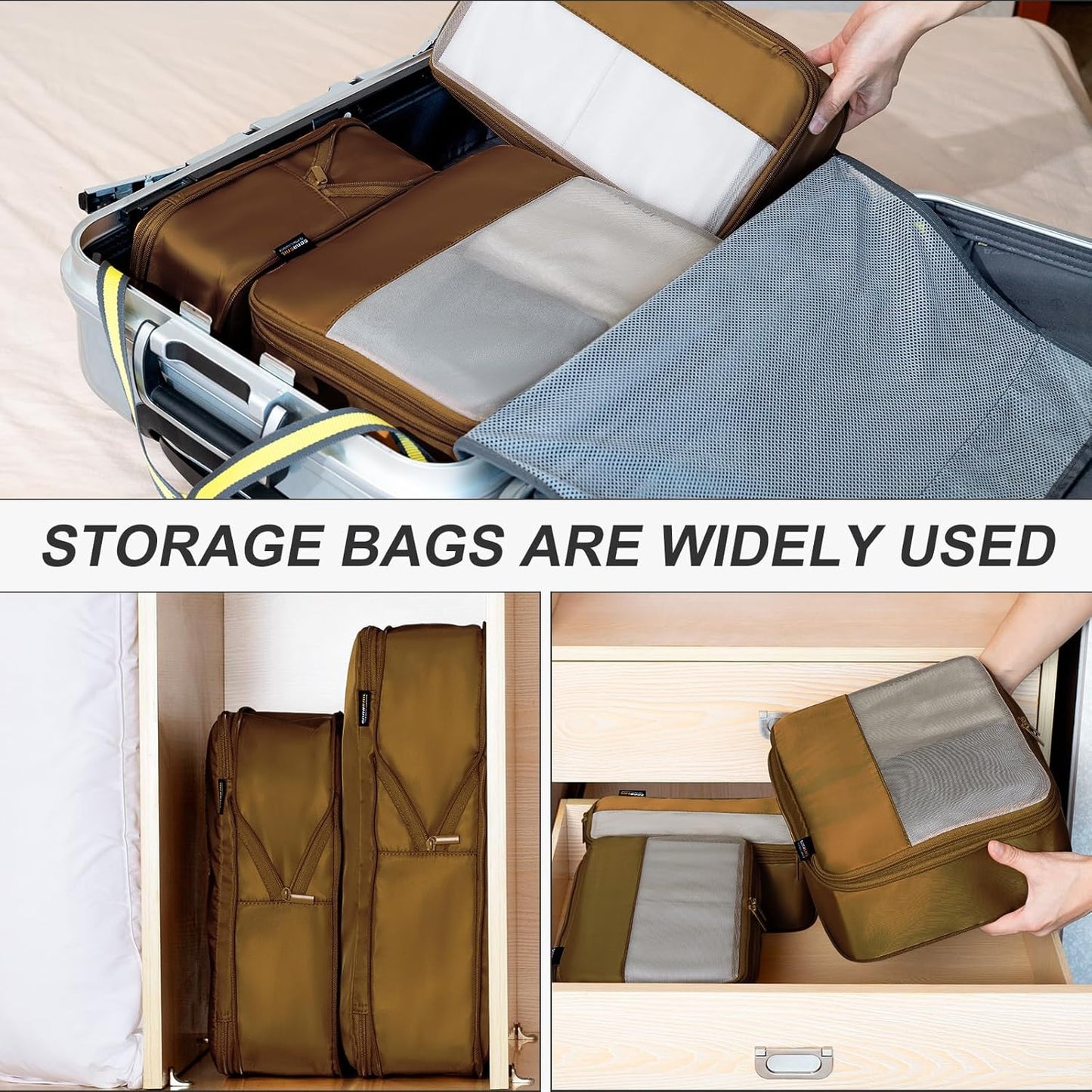 4 Set Compression Packing Cubes for Travel, Suitcases and Backpack Space Saving Organizers (Dark Brown)