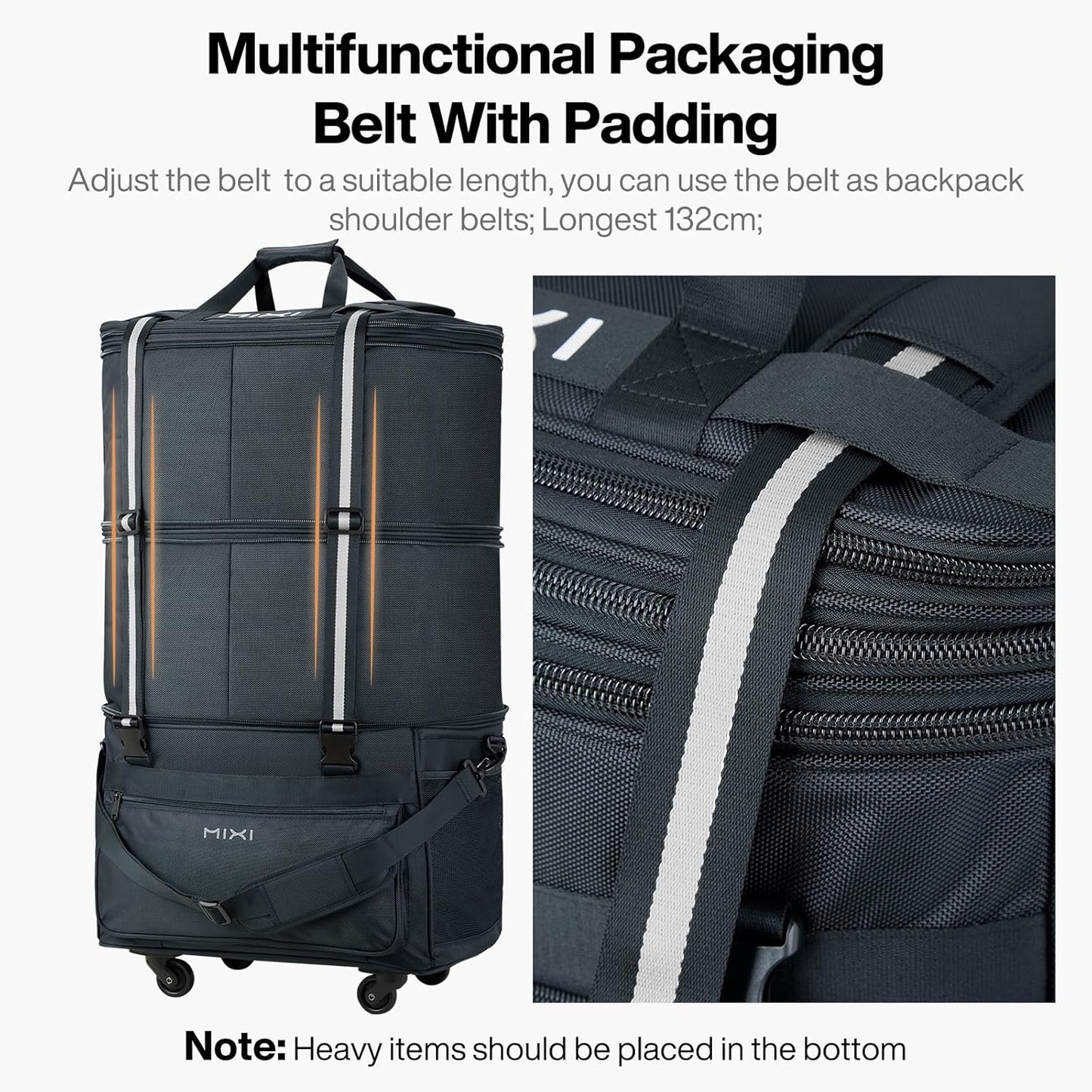 mixi Travel Bag with Wheels Expandable Foldable Luggage Bag Collapsible Rolling Travel Bag Duffel Bag Large Capacity Suitcase for Men Women, Dark Gray