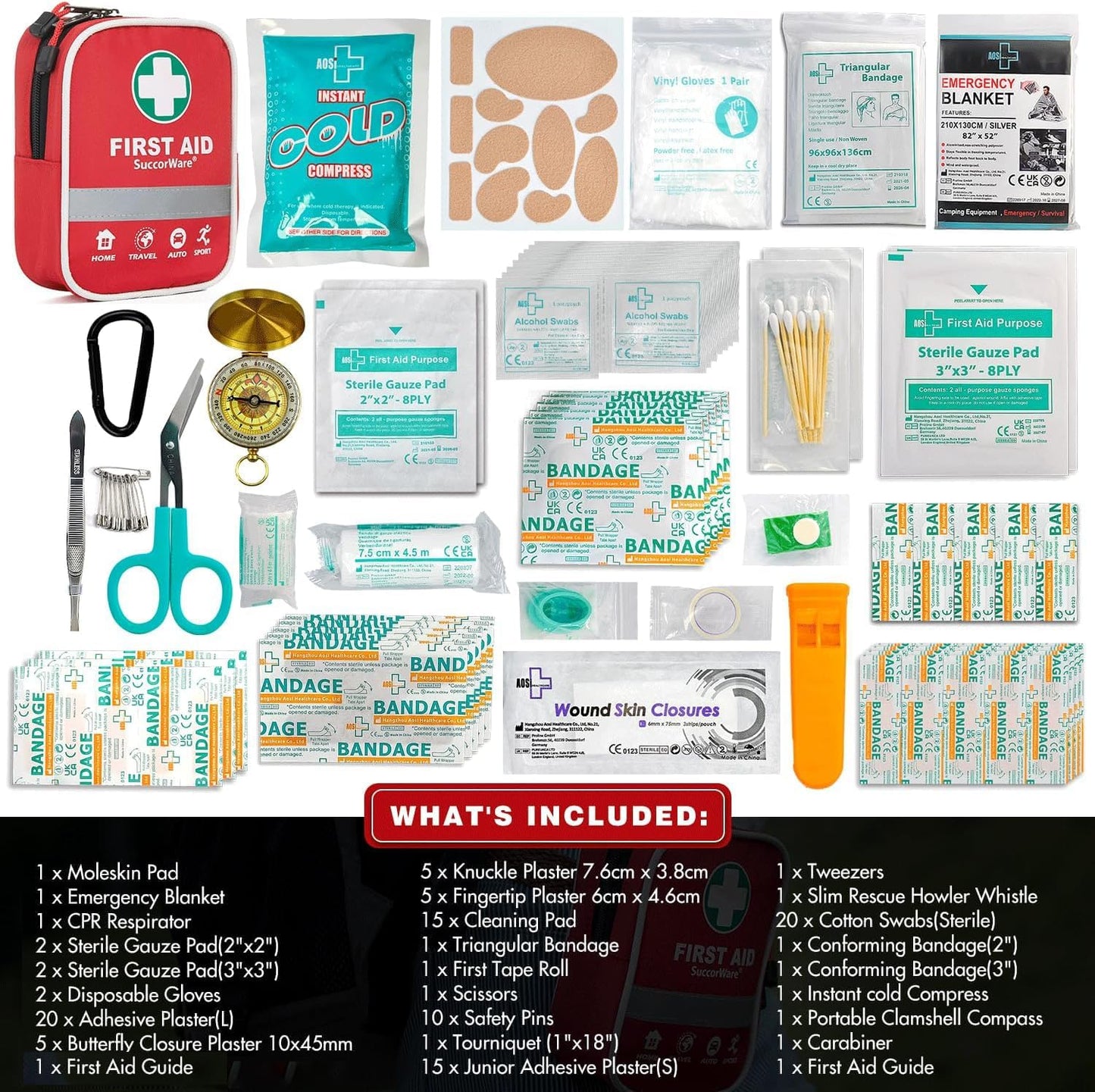 SuccorWare130 Pieces First Aid Kit with Hospital Grade Medical Supplies - Includes Emergency Blanket, Bandage - Great for Home, Outdoors, Office, Car, Travel, Camping, Hiking, Boating