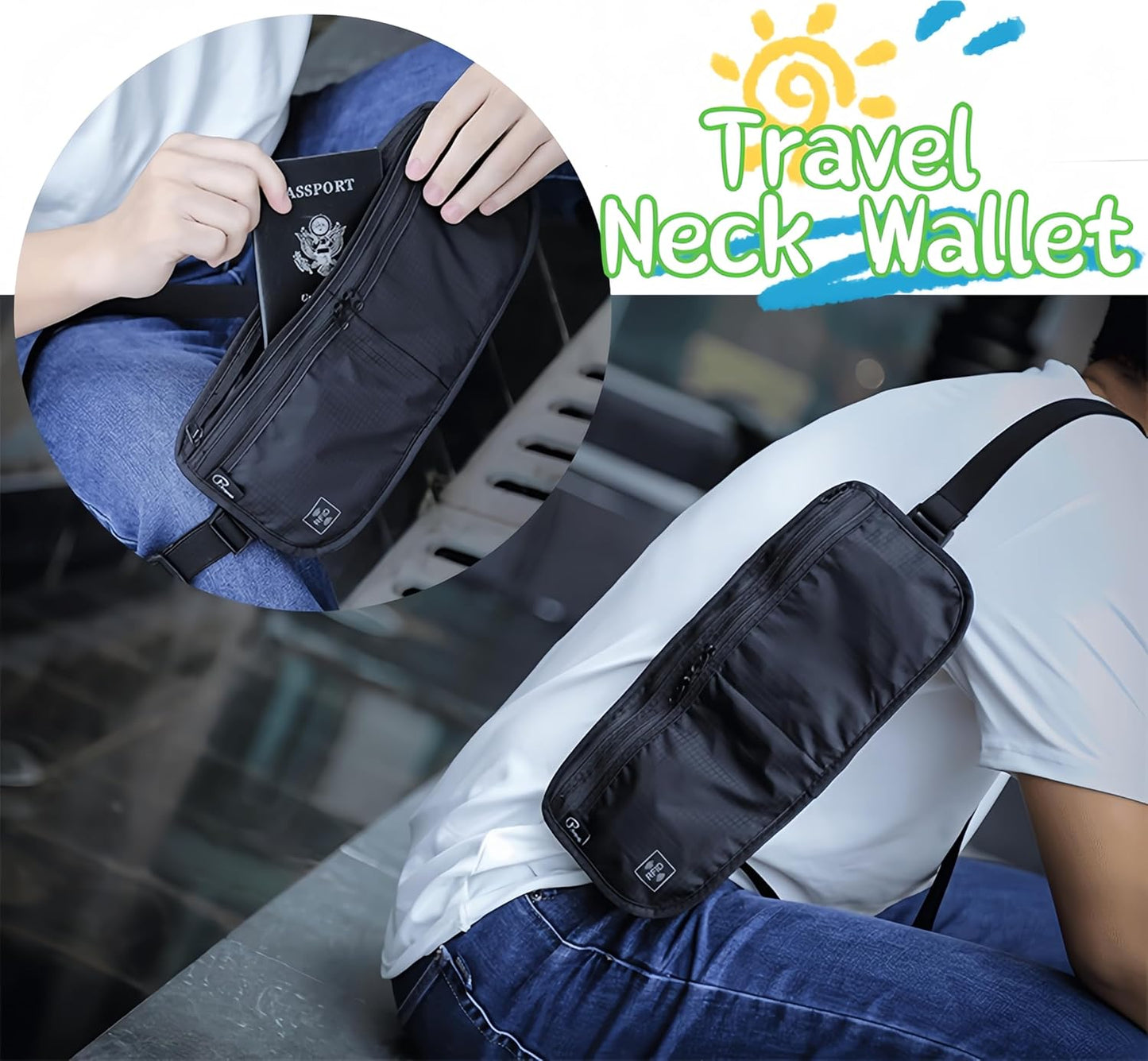 Travel Passport Holder 【1 PACK】2 in 1 Slim RFID Blocking Travel Money Belt for Men & Women, Hidden Neck Wallet for Credit Cards, Documents & Cash, Fanny Pack, MA-MO (Black)