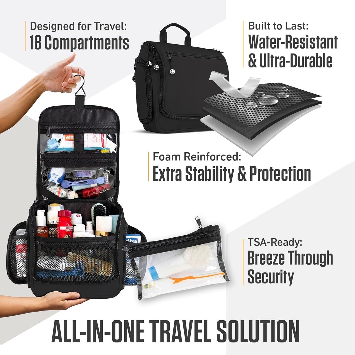 VENTURE 4TH Hanging Travel Toiletry Bag for Women & Men - Travel Organizer with Expandable Compartments & Removable Clear Pouch for Toiletries (Black)