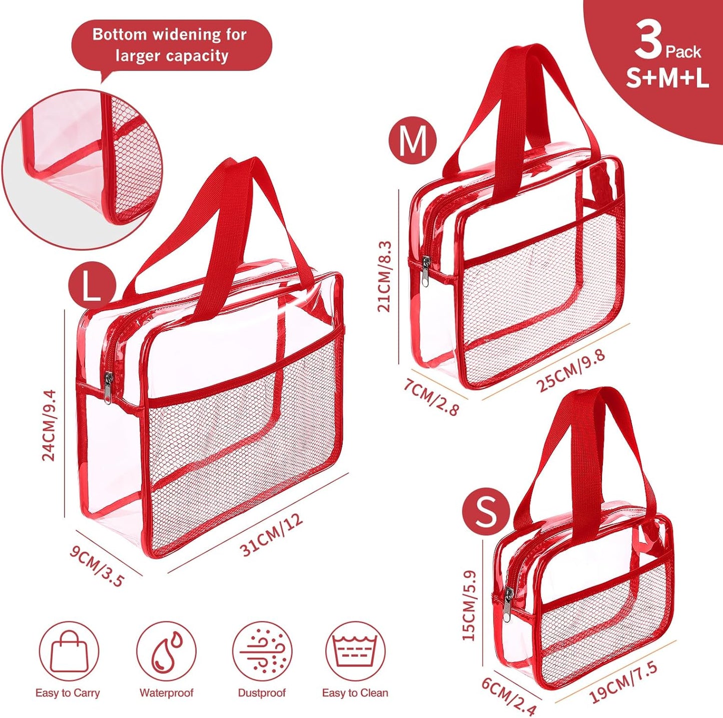 XEWEA Clear Travel Toiletry Bags, 3 Pack TSA Approved Transparent Makeup Bag for Men Women, Large Waterproof PVC Quart Organizer Kit with Zipper for Toiletries Airline Essential,Toy Storage Pouch Red