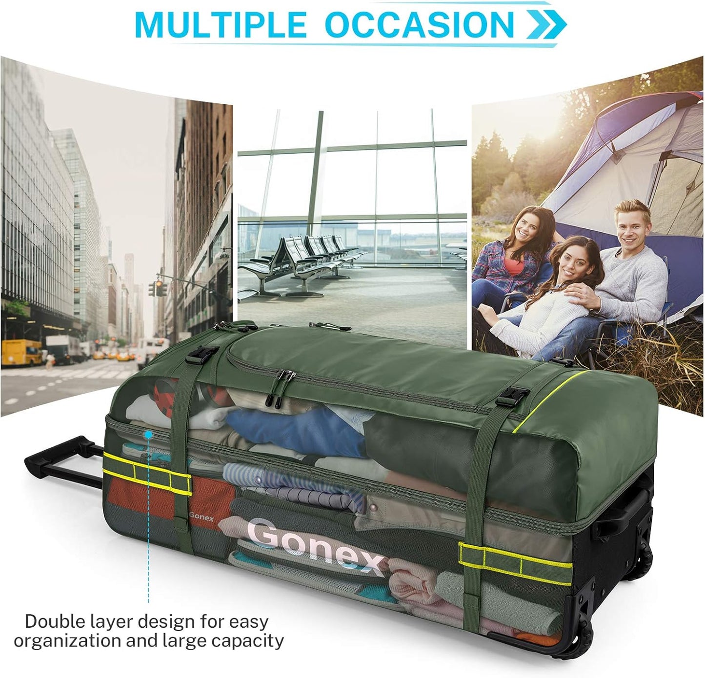 Gonex Rolling Duffle Bag with Wheels, 100L Water Repellent Large Wheeled Travel Duffel Luggage with Rollers 33 inch, Olive Green