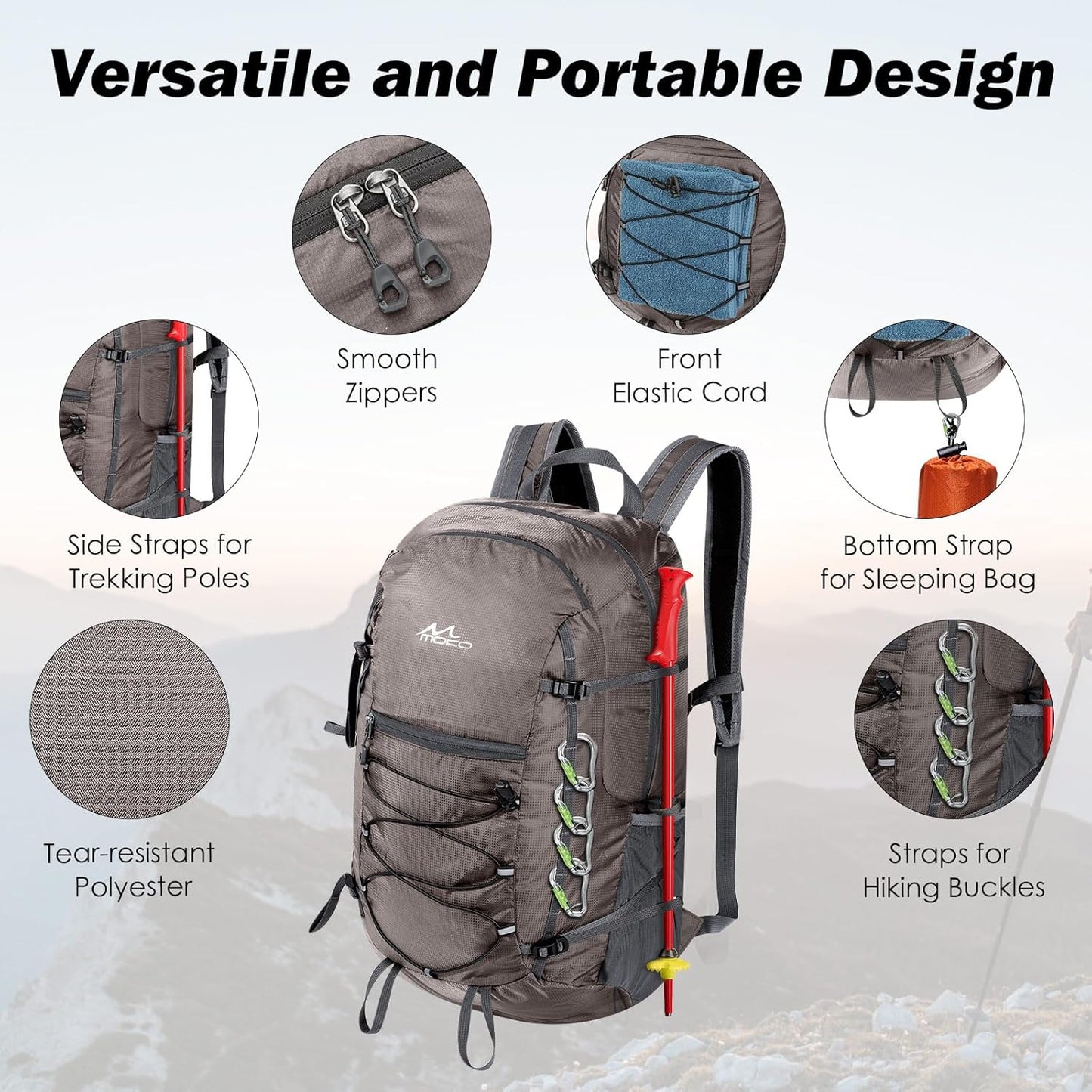 MoKo Hiking Backpack, 40L Large Capacity Camping Backpack with Multiple Pockets, Tear-resistant Travel Daypack for Men Women, Packable and Lightweight Hiking Daypack for Travel Camping Outdoor, Hummus