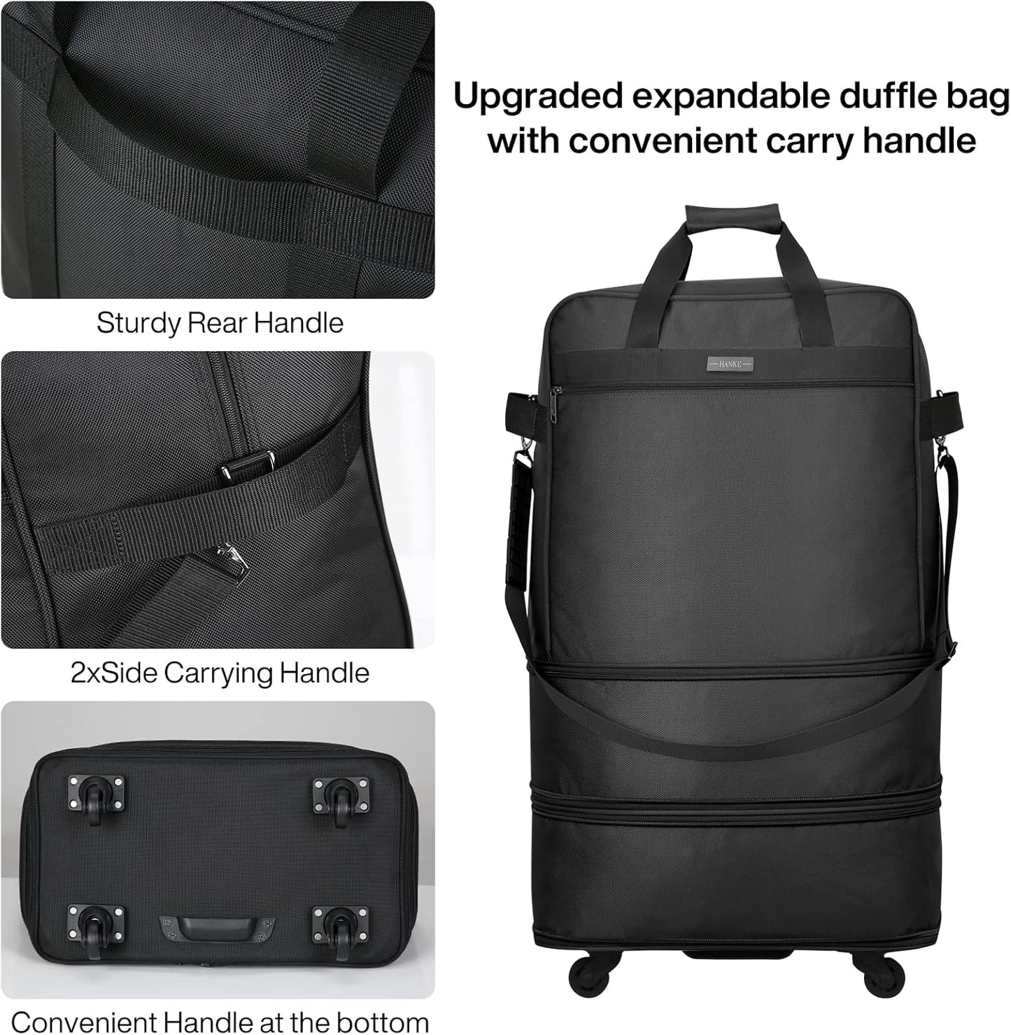 Hanke Suitcases with Wheels Expandable Foldable Luggage Bag Suitcase Collapsible Rolling Travel Bag Duffel Bag for Men Women Lightweight Suitcases without Telescoping Handle, Black