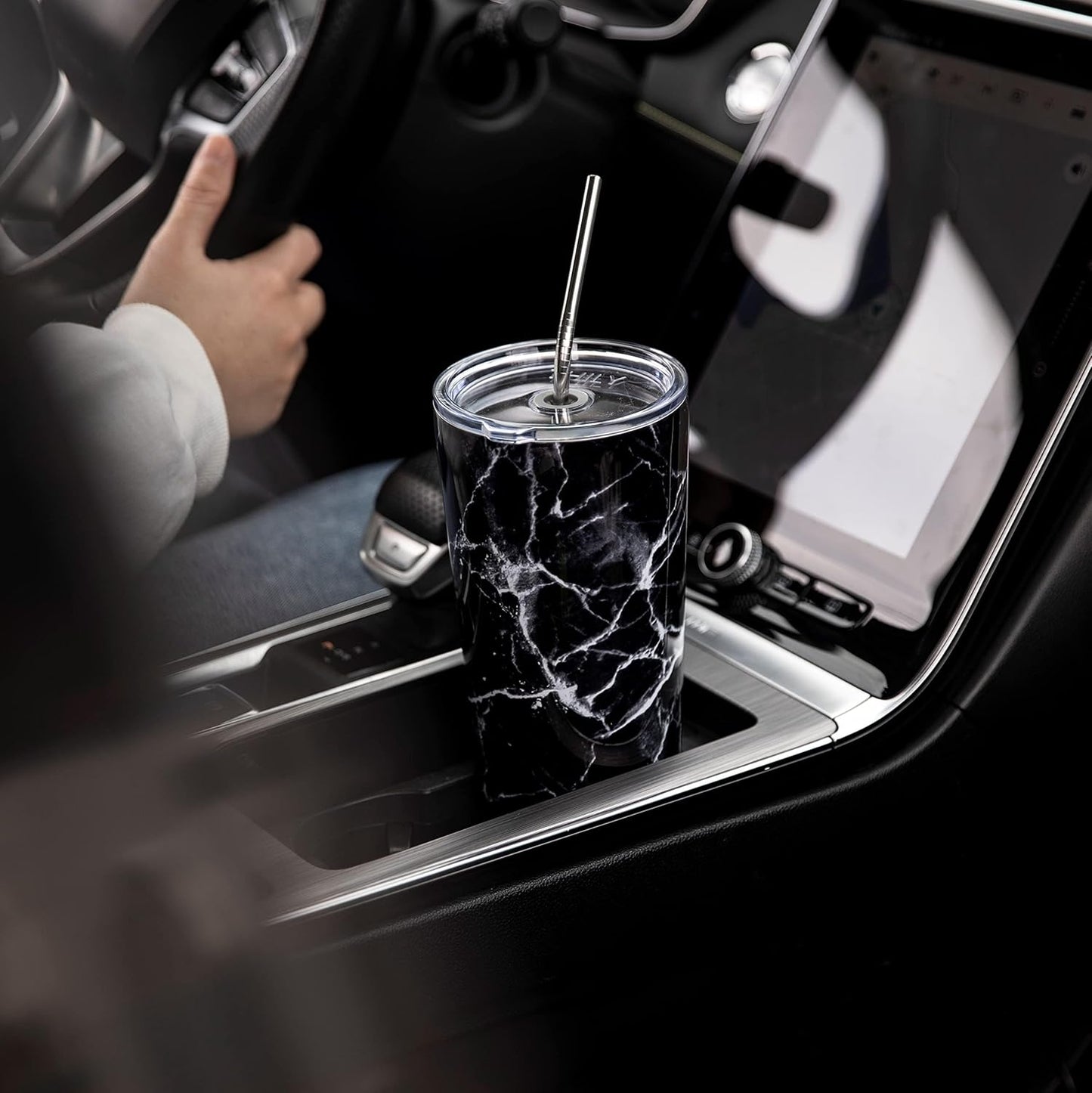 THILY Stainless Steel Vacuum Insulated Tumbler Travel Mug 26 oz Coffee Cup with 2 Lids and Straws, Splash Proof, Keep Ice Drinks Cold, Black Marble