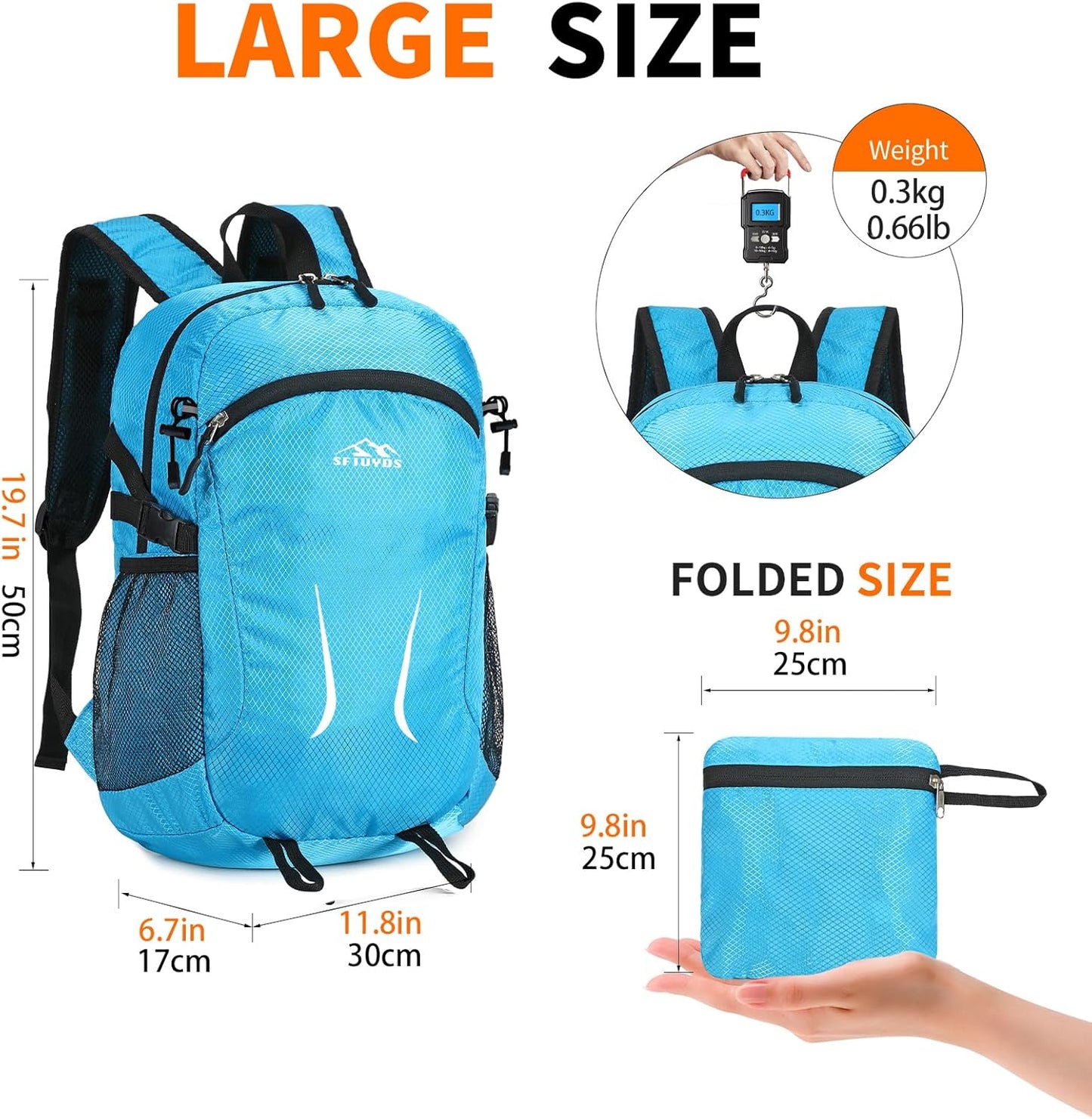 Large Hiking Daypack,30L Waterproof Hiking Backpack Packable Lightweight Travel Day Pack for Women Men (Blue, Large)