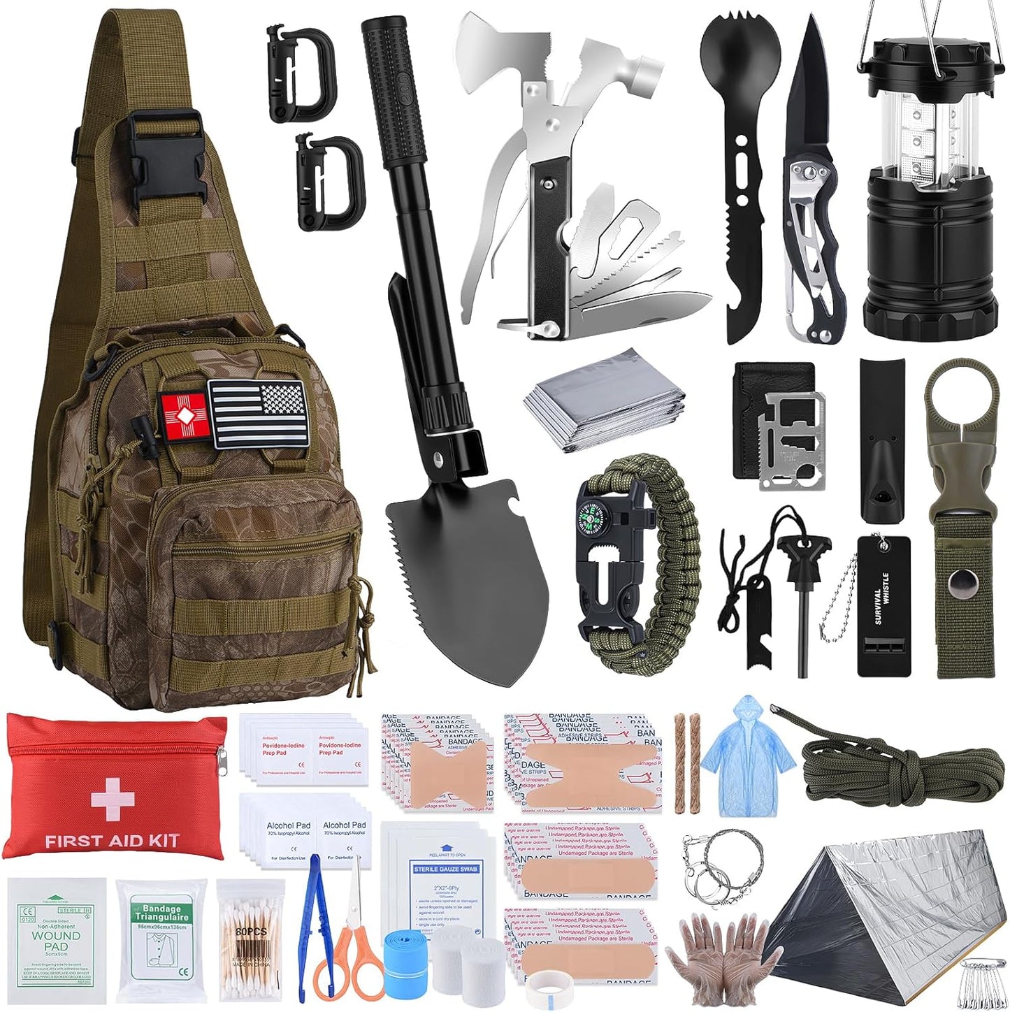 Survival Kit, Gifts for Christmas Men, Women, 251pcs Emergency Survival Gear and Supplies Equipment, First Aid Kit with Crossbody Bag, Camping Essentials for Earthquake, Hiking, Outdoor Adventure