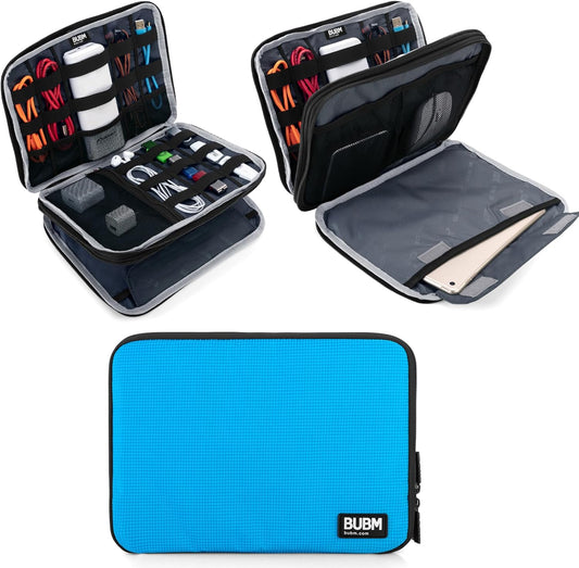 BUBM Double Layer Electronics Organizer/Travel Gadget Bag for Cables, Memory Cards, Flash Hard Drive and More, Fit for iPad or Tablet(up to 9.7")-Large, Blue