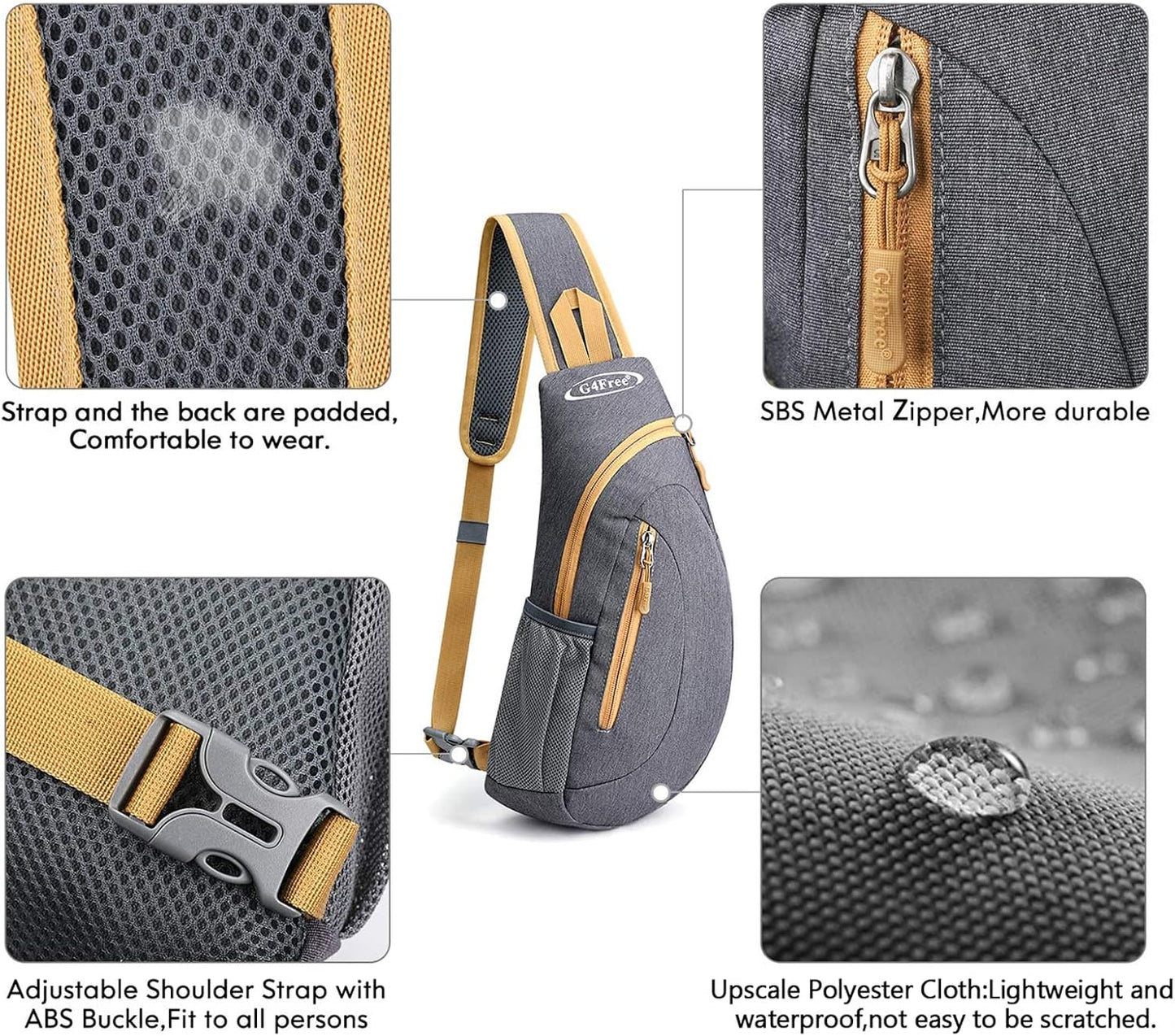 G4Free Sling Bag for Men Women, Small Crossbody Backpack Lightweight Chest Shoulder Bags for Travel, Outdoor and Sports (Grey Yellow)