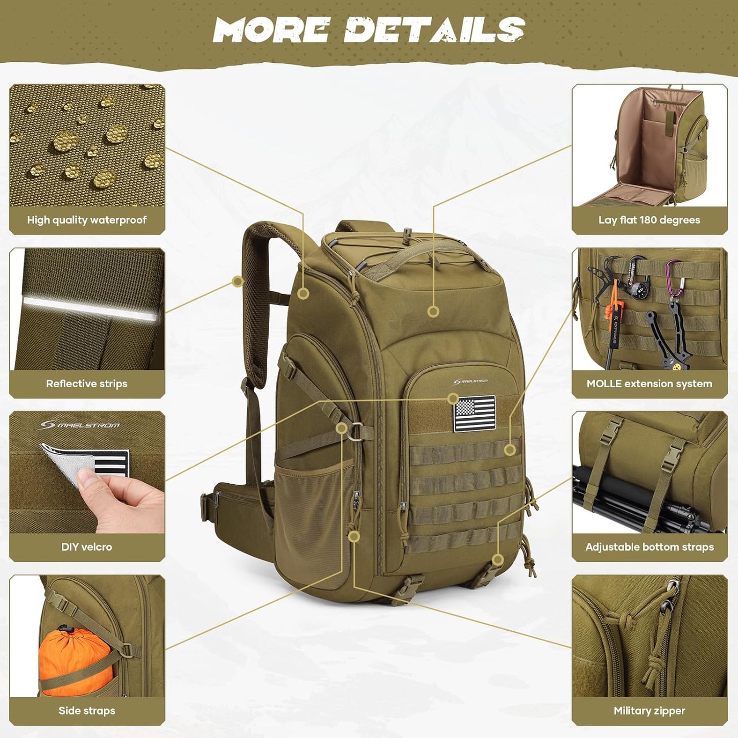 Maelstrom Tactical Backpack for Men, 40L Military Backpack,Water Resistant Assault Pack for Women, 3-Day Bug Out Bag for Hiking, Camping, Gym with Molle System-Khaki