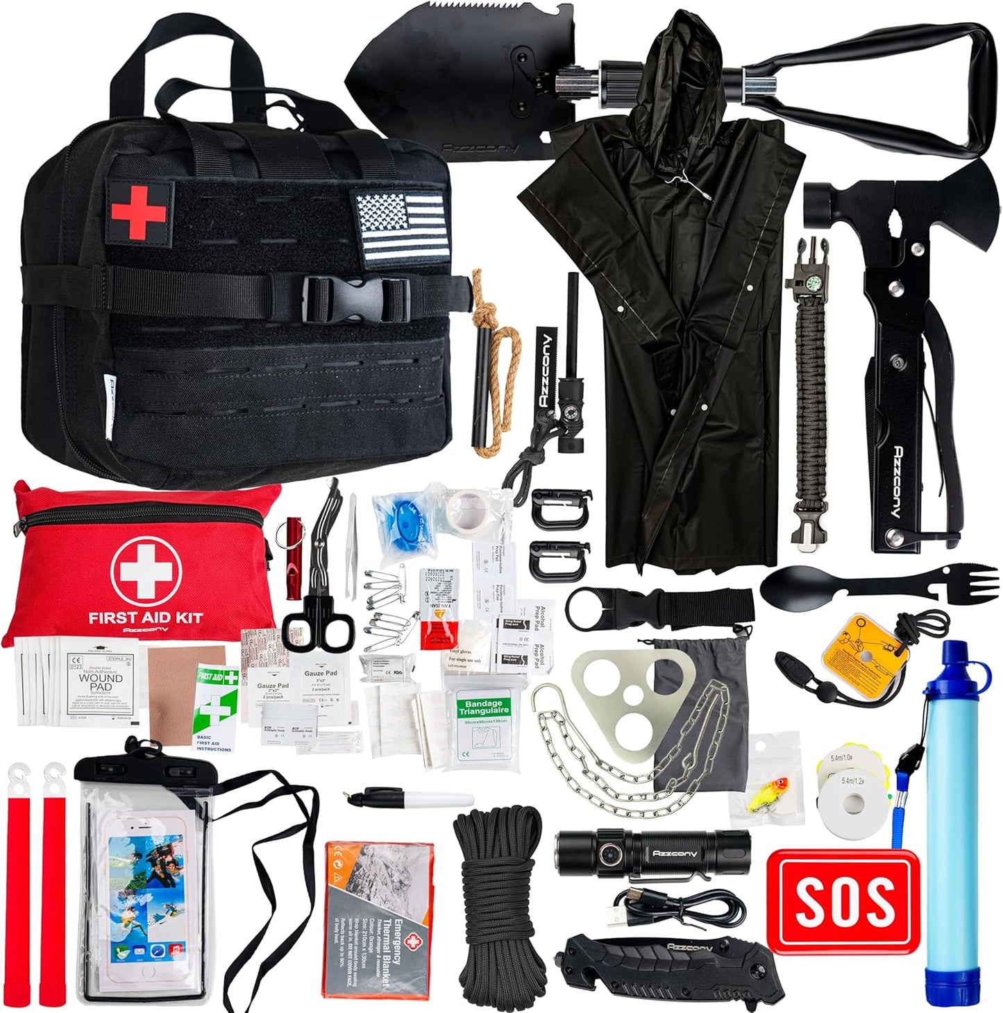 Emergency Survival Kit with First Aid Gears and Supplies - EDC Go Bugout Bag - Get Home Backpack for Camping Outdoor - Tactical Military Molle Pouch Grade - Gift for Man Woman