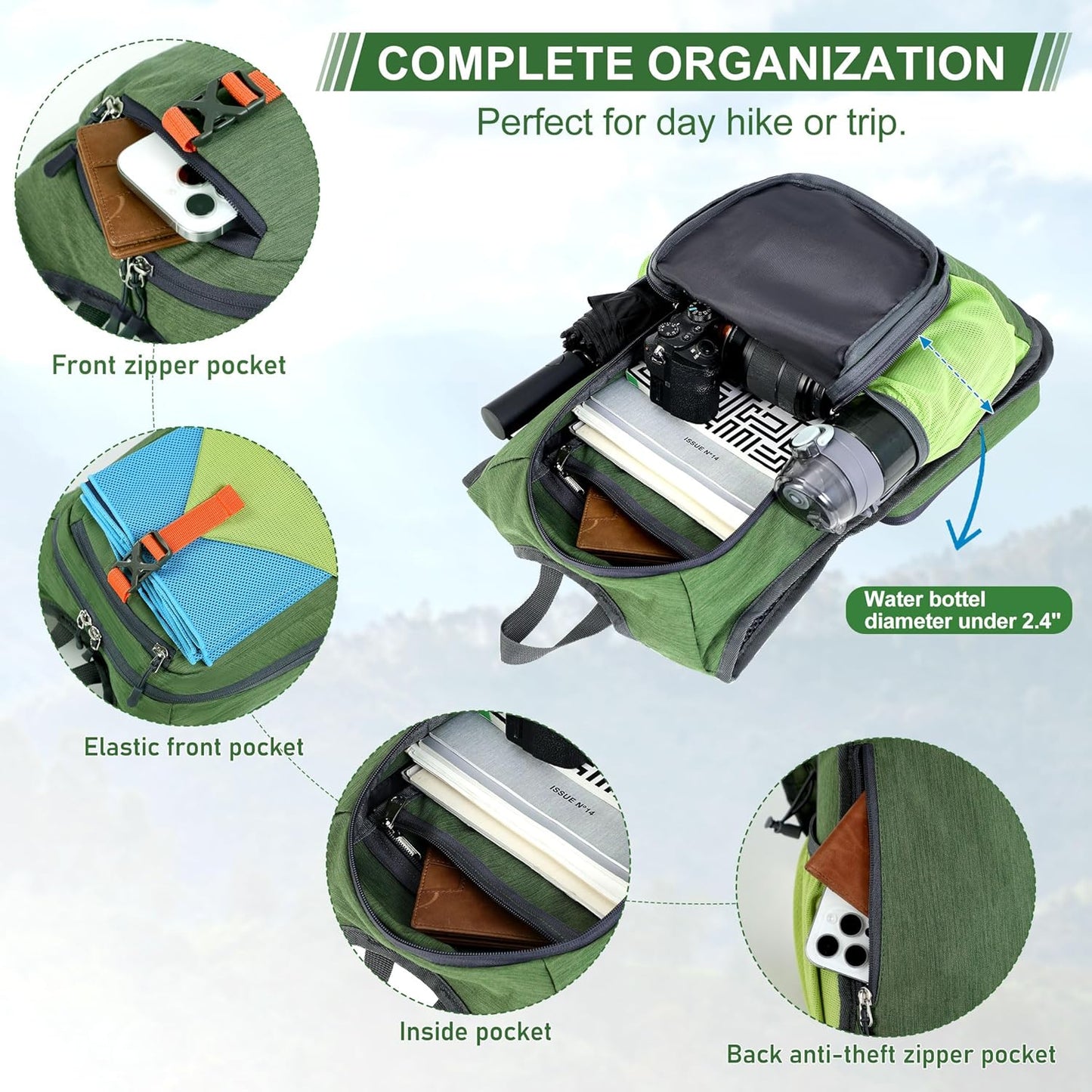 FIORETTO 15L Hiking Backpack for Women Men Mini Packable Backpack Lightweight Small Daypack for Camping Travel Outdoor, Green