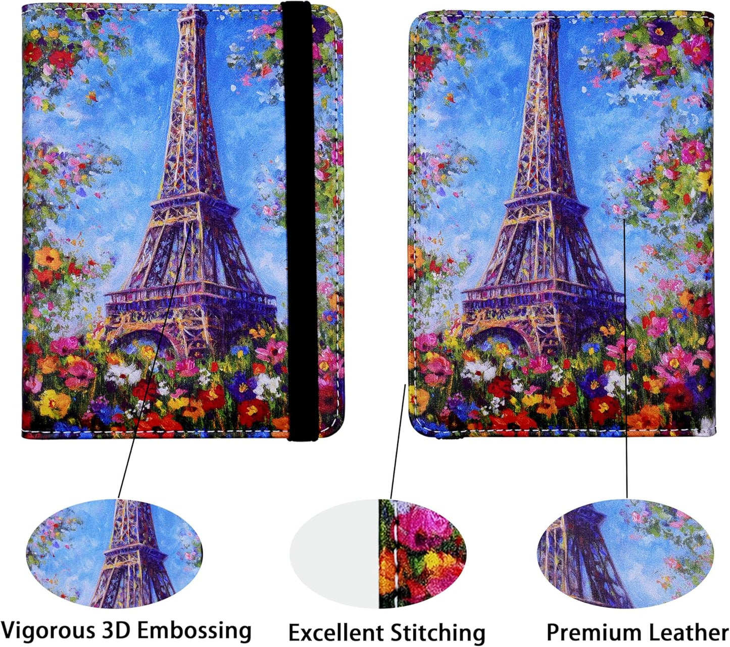 Passport Holder for Women and Men PU Leather Passport Cover for Travel (Eiffel Tower Floral)